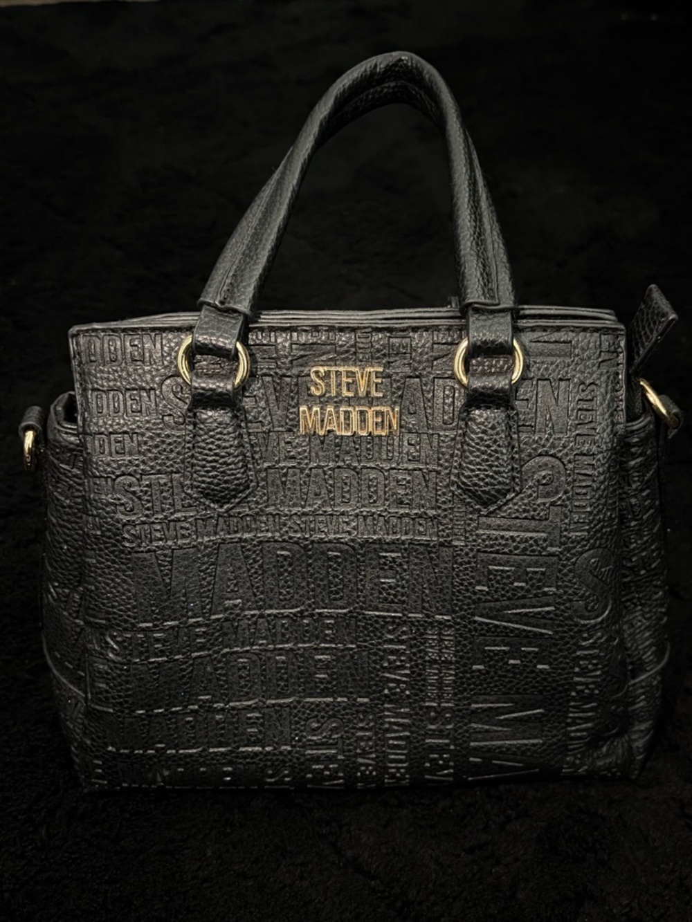 Steve Madden Black Embossed Logo Satchel with Gold Hardware